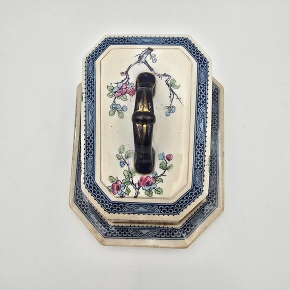 Vintage Ceramic Cheese Dish/ Butter Dish Floral Bird Design Blue Lined England - Picture 4 of 13